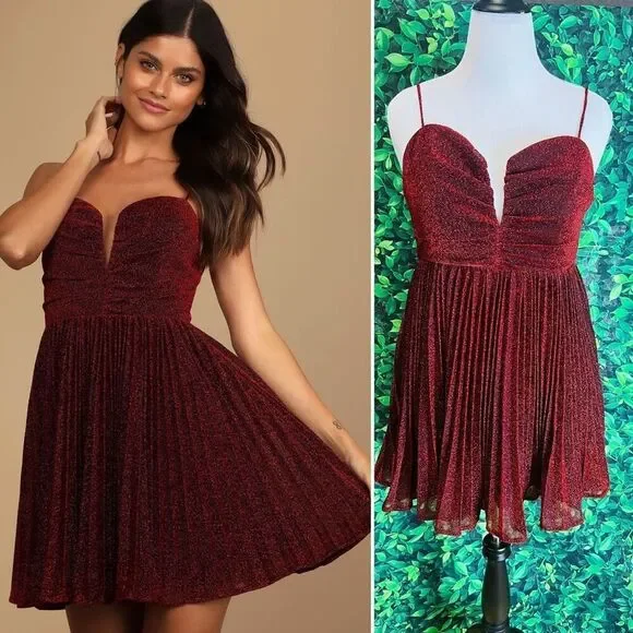 Lulus Shine Tonight Red Sparkly Pleated Skater Dress - Picture 1 of 12